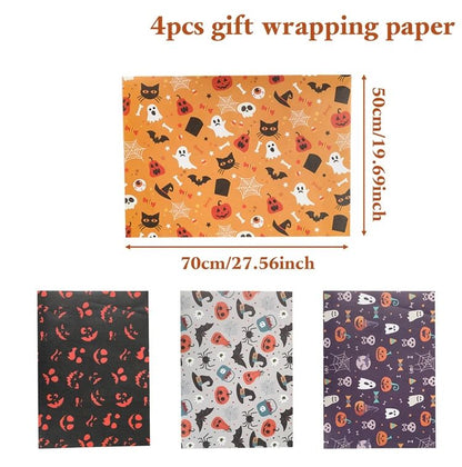 Papier cadeau Halloween à motifs fantômes et citrouilles, 4 feuilles