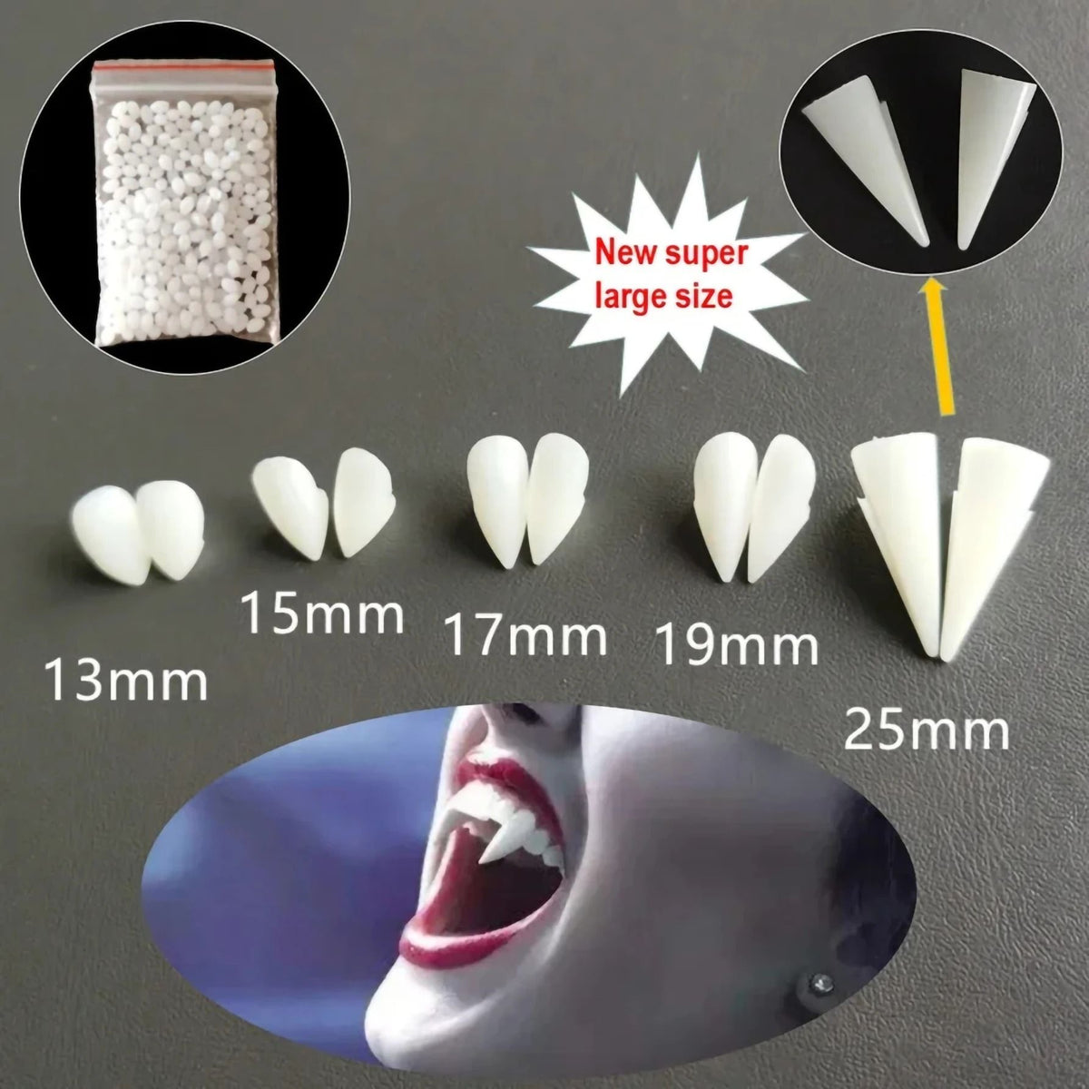 Dents de vampire en résine avec billes de fixation thermoplastiques
