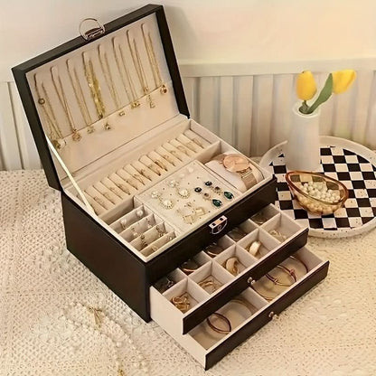 Boîte à bijoux à trois niveaux avec tiroirs et intérieur velours