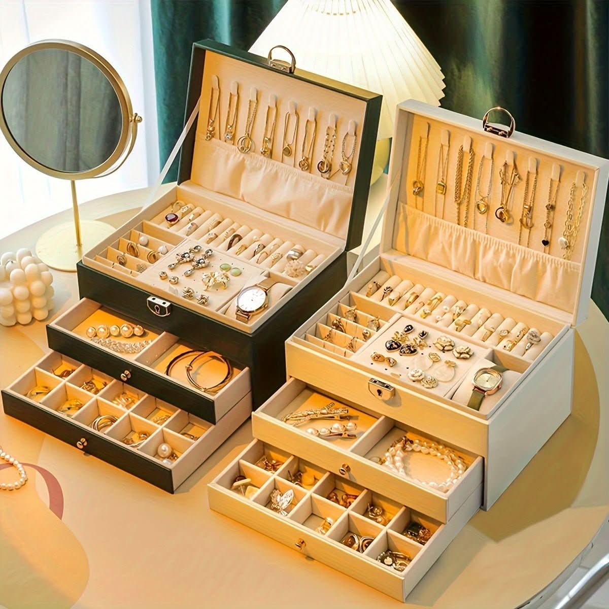 Boîte à bijoux à trois niveaux avec tiroirs et intérieur velours