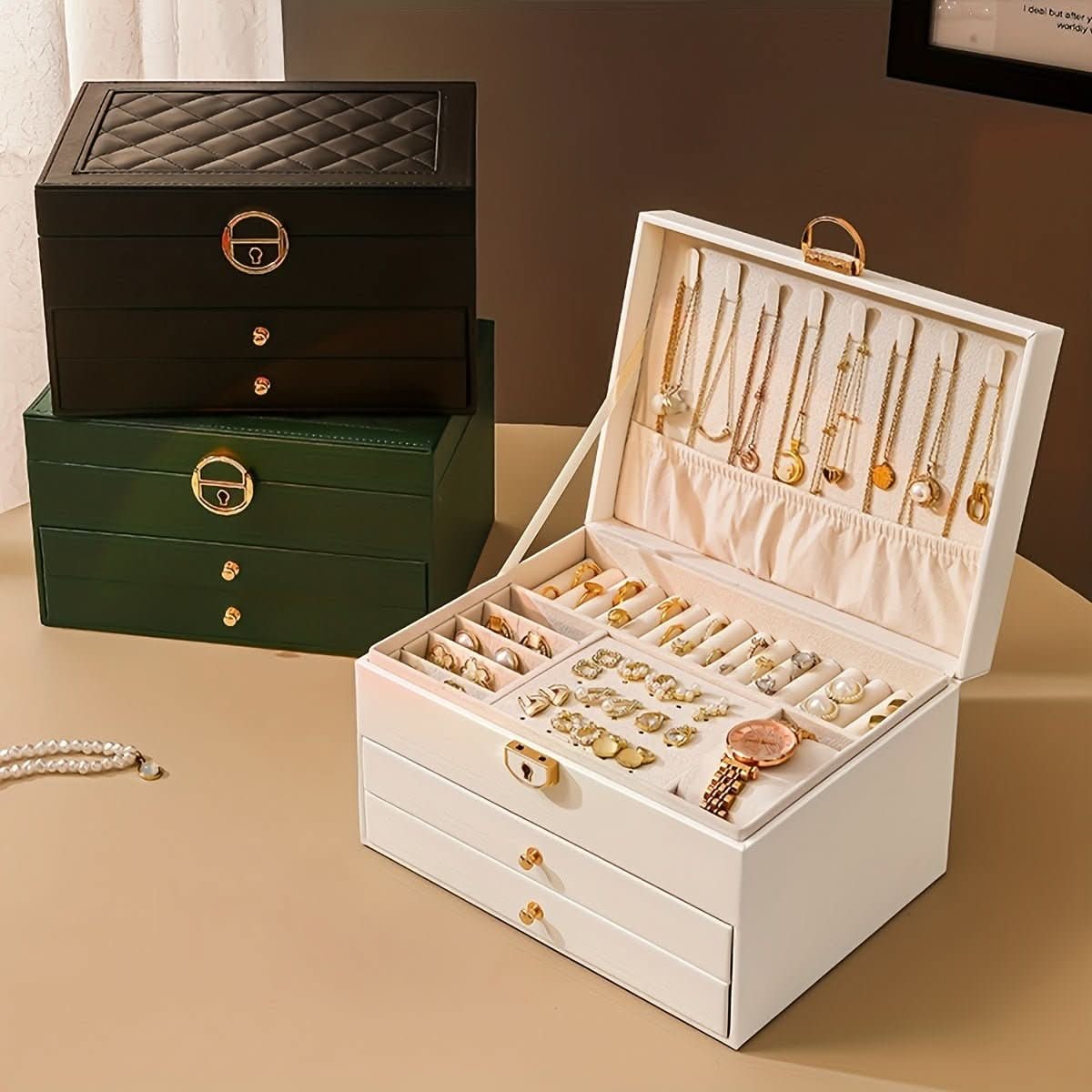 Boîte à bijoux à trois niveaux avec tiroirs et intérieur velours