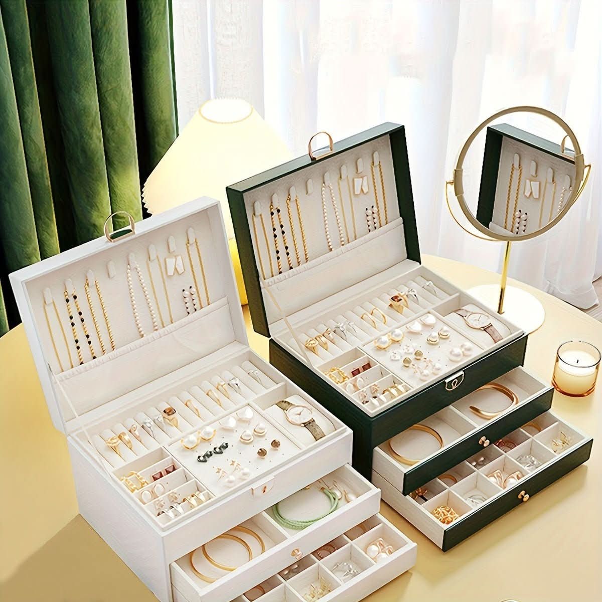 Boîte à bijoux à trois niveaux avec tiroirs et intérieur velours