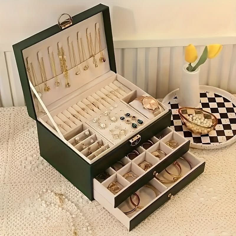 Boîte à bijoux à trois niveaux avec tiroirs et intérieur velours