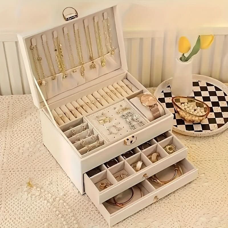 Boîte à bijoux à trois niveaux avec tiroirs et intérieur velours