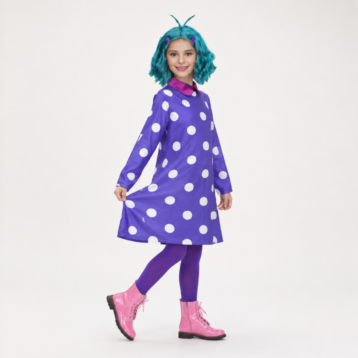 Déguisement à robe violette à pois, collants et perruque