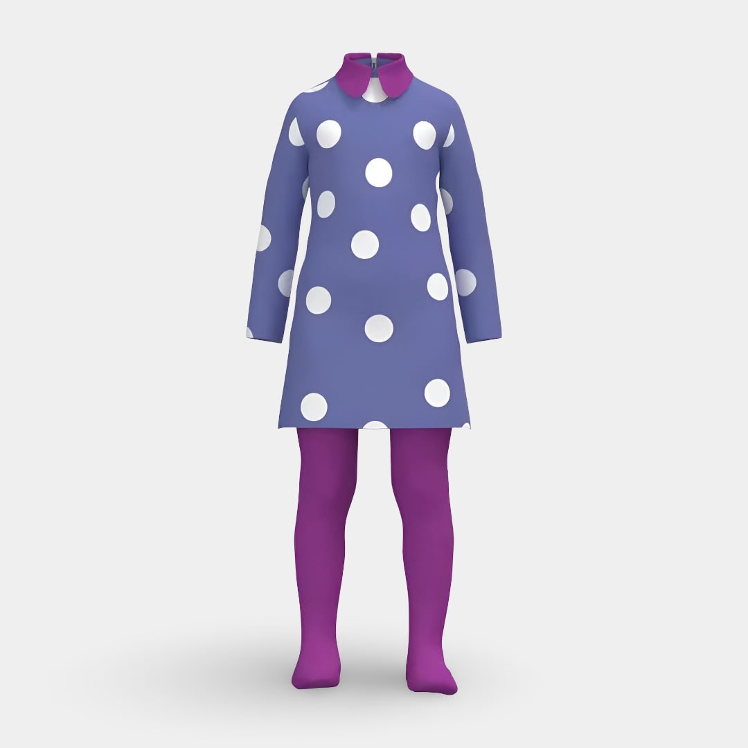 Déguisement à robe violette à pois, collants et perruque
