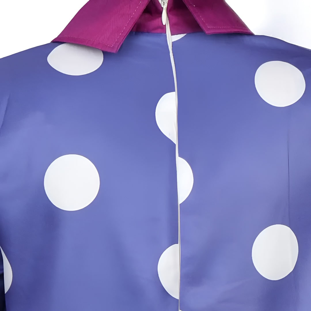 Déguisement à robe violette à pois, collants et perruque