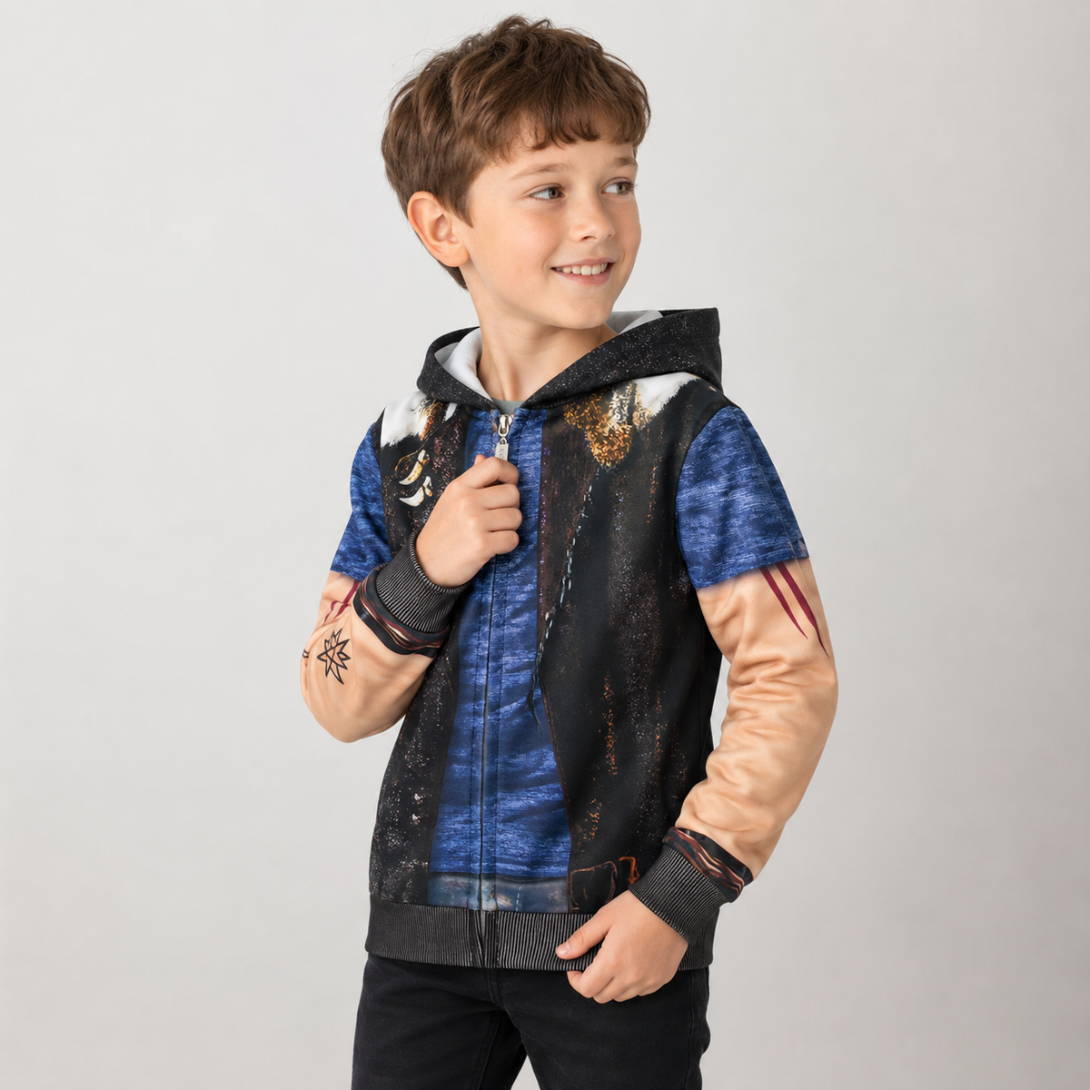 Déguisement enfant imprimé en combinaison ou veste zippée