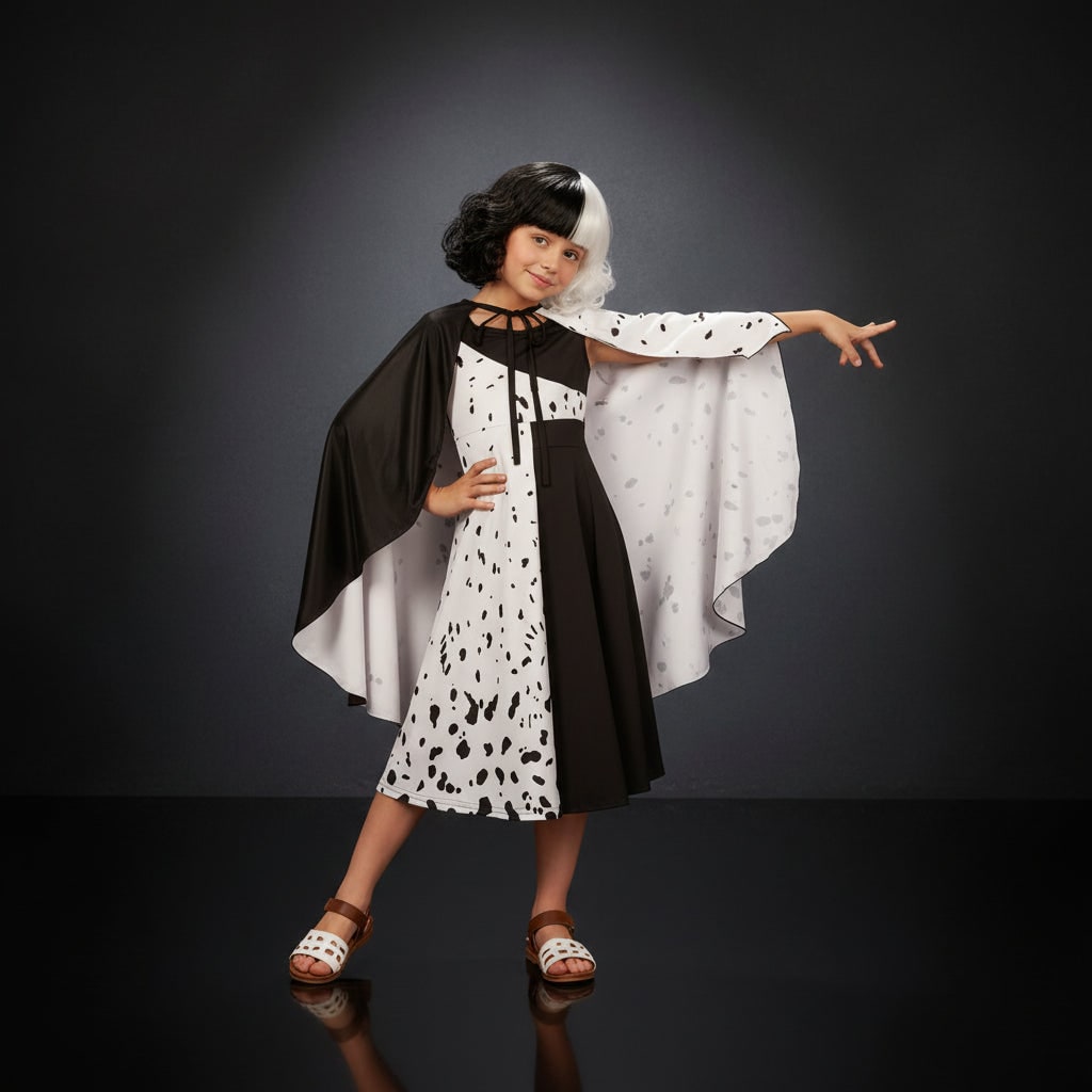 Déguisement enfant noir et blanc avec robe, cape et perruque