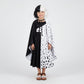 Déguisement enfant noir et blanc avec robe, cape et perruque