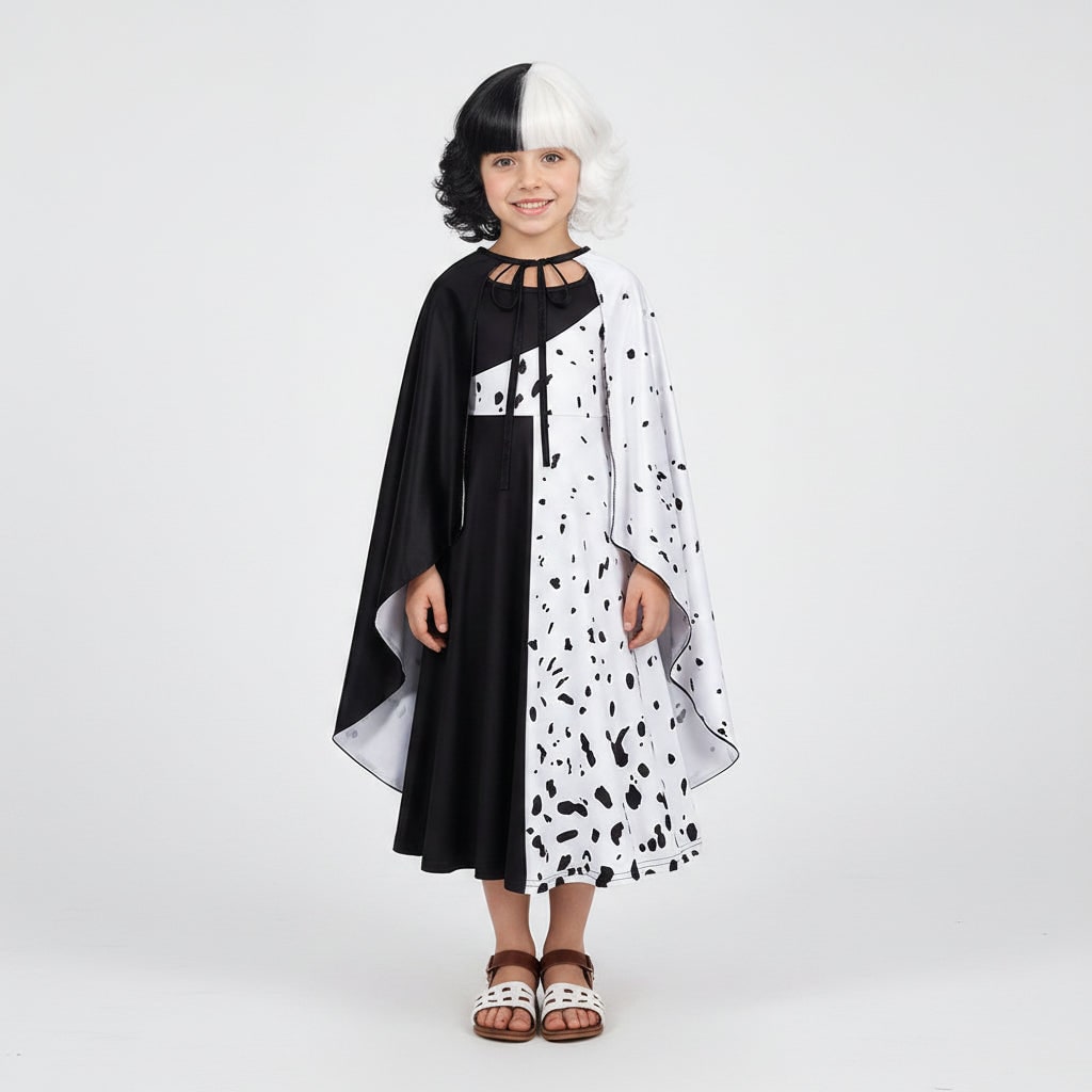 Déguisement enfant noir et blanc avec robe, cape et perruque