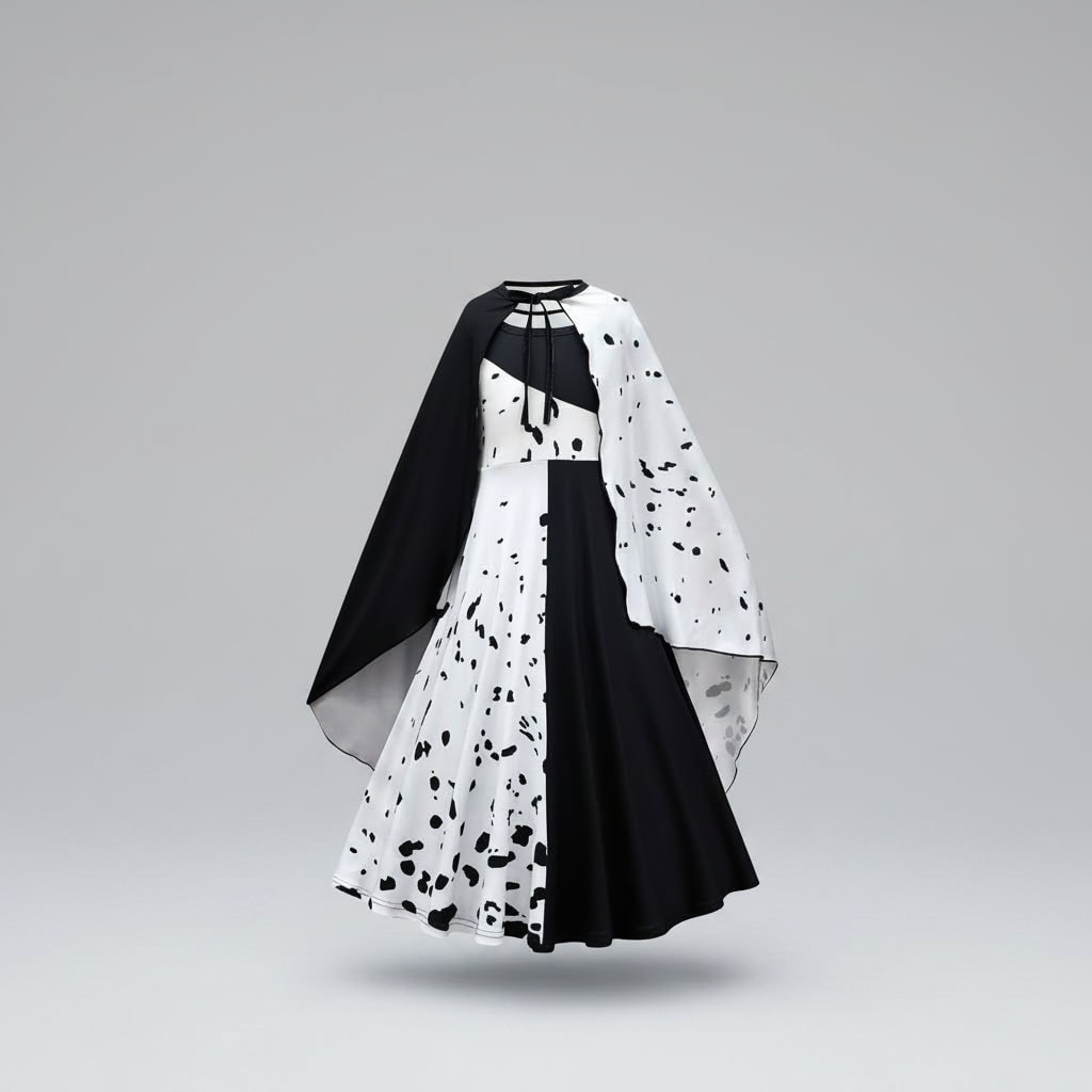 Déguisement enfant noir et blanc avec robe, cape et perruque