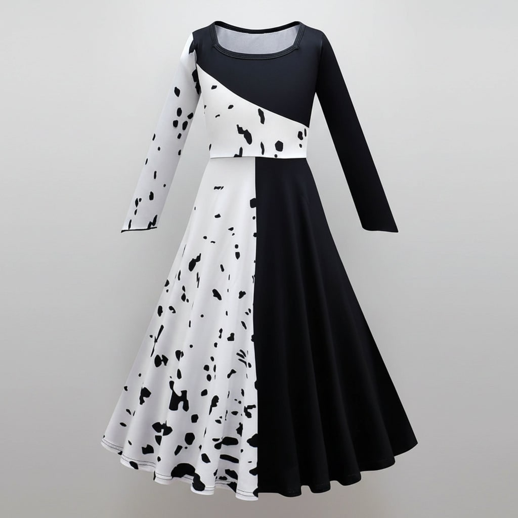 Déguisement enfant noir et blanc avec robe, cape et perruque
