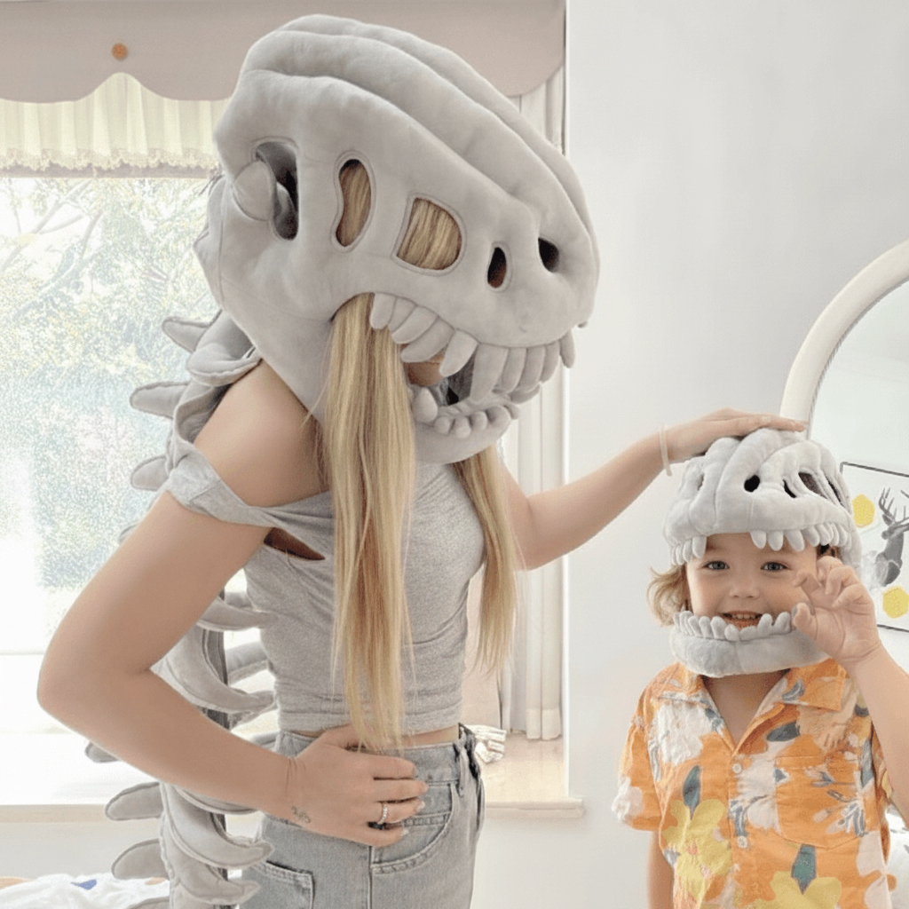 Coiffe de dinosaure squelette en peluche avec queue