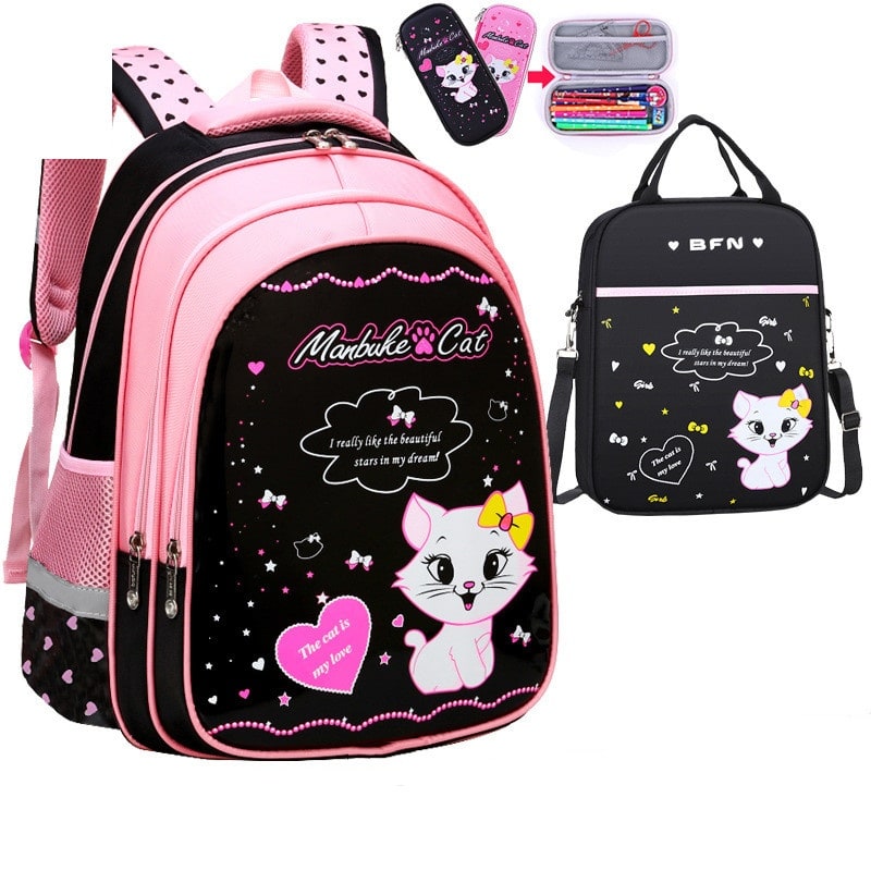 Ensemble sac à dos enfant, sac repas et trousse à motif chat