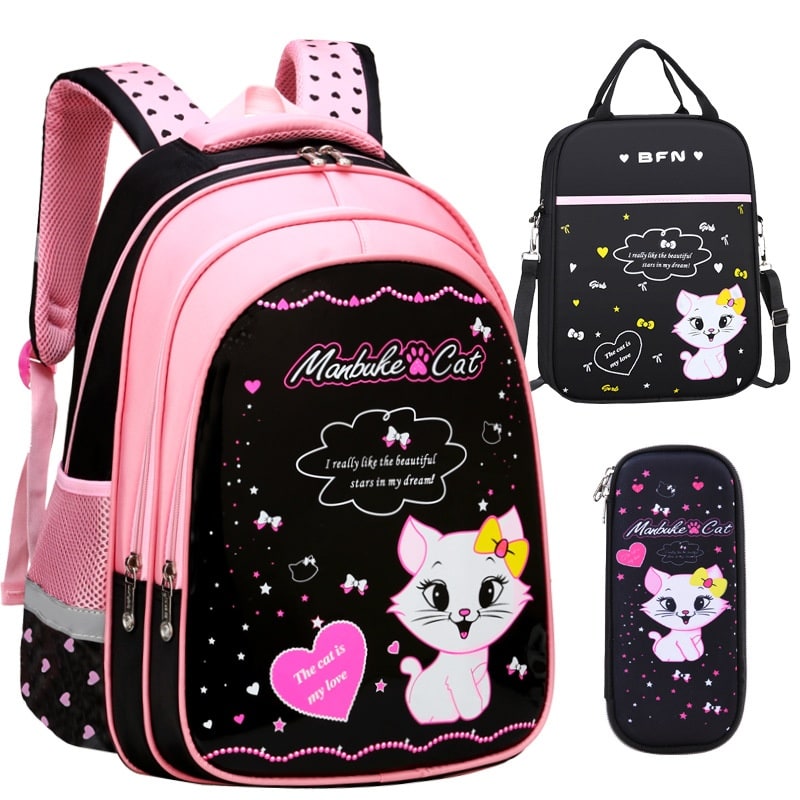 Ensemble sac à dos enfant, sac repas et trousse à motif chat