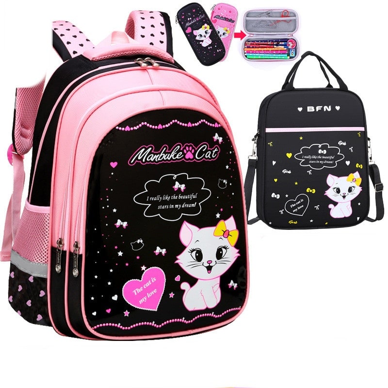 Ensemble sac à dos enfant, sac repas et trousse à motif chat