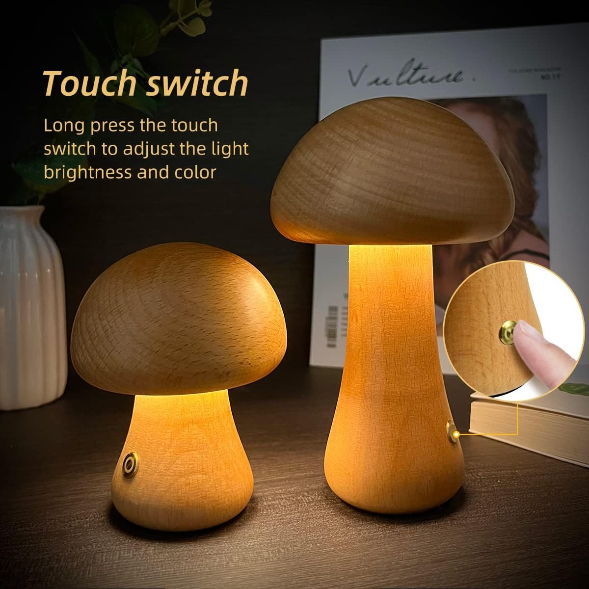 Veilleuse champignon en bois à commande tactile rechargeable