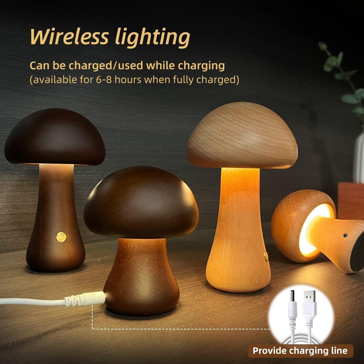 Veilleuse champignon en bois à commande tactile rechargeable