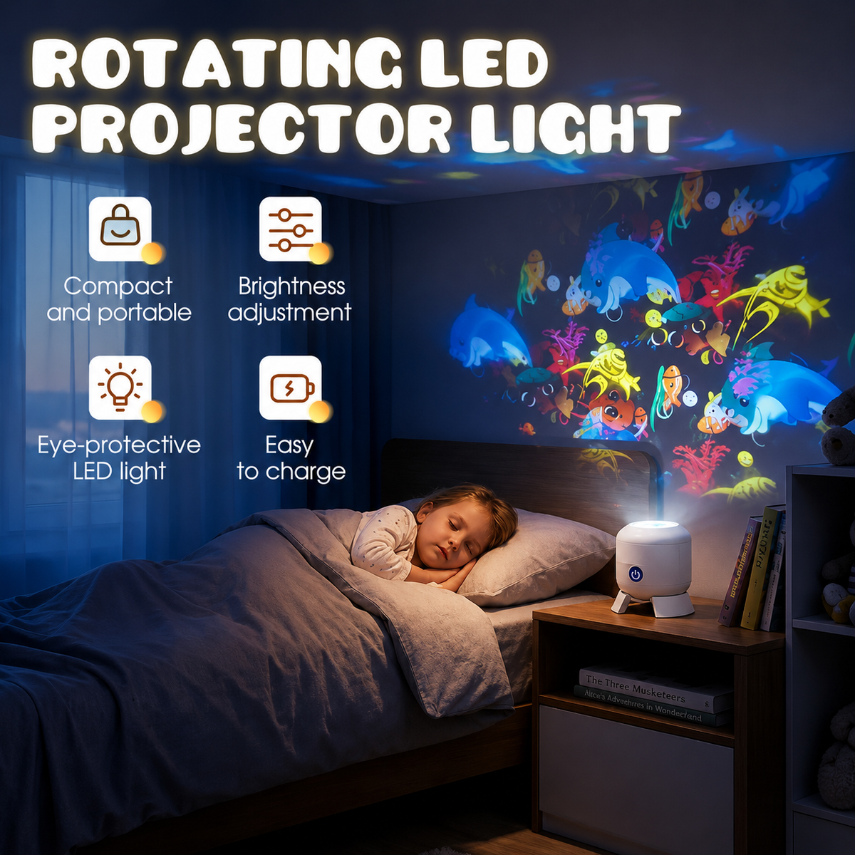 Veilleuse projecteur à motifs océaniques et étoilés