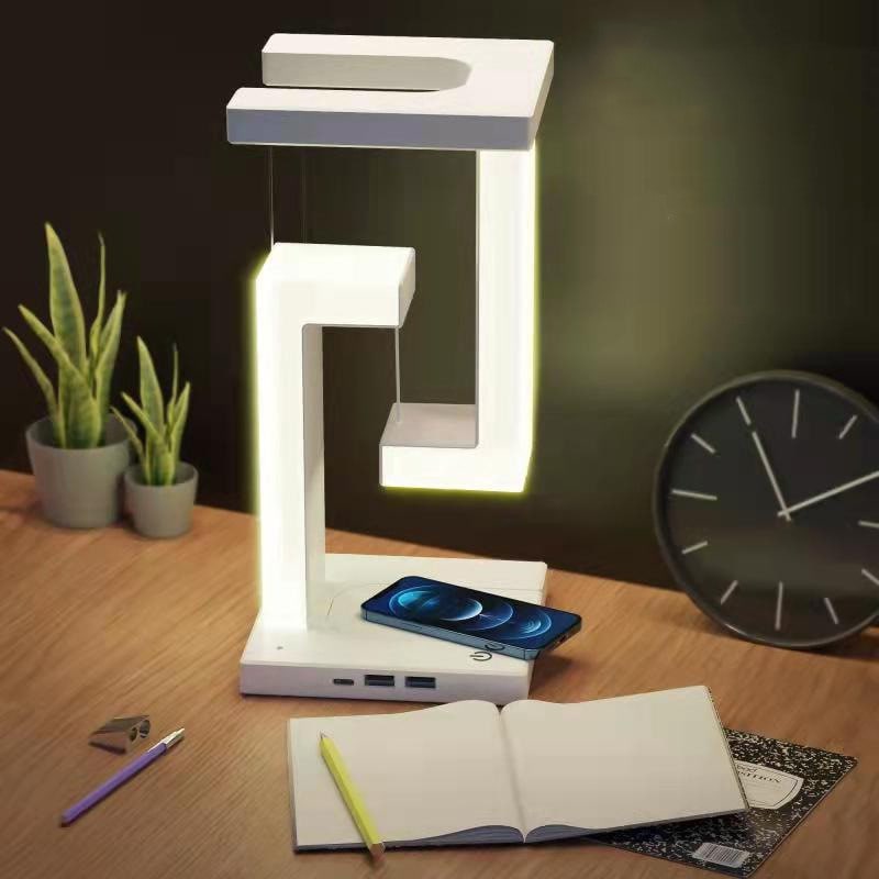 Lampe de table rechargeable à structure suspendue et base de recharge