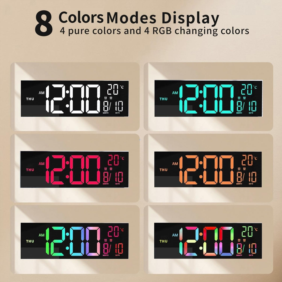 Grande horloge murale LED RVB avec double alarme