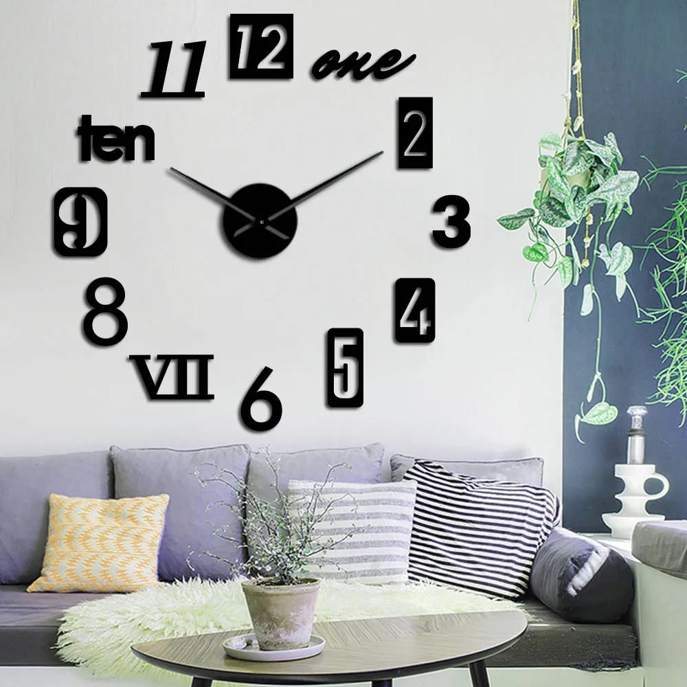 Horloge murale à chiffres adhésifs 3D et aiguilles métalliques