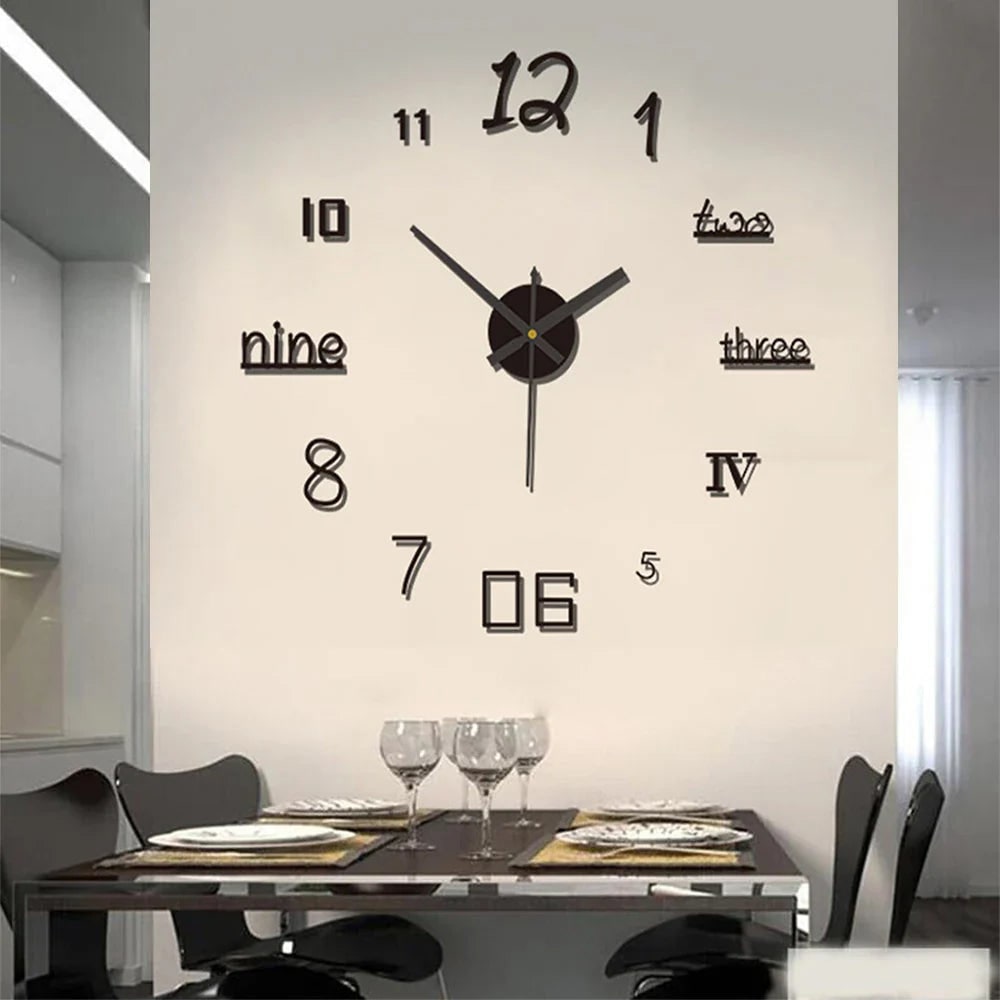 Horloge murale à chiffres adhésifs 3D et aiguilles métalliques