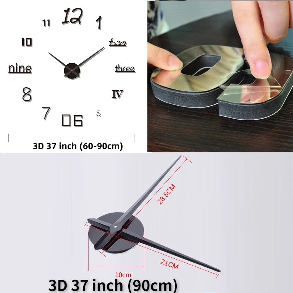 Horloge murale à chiffres adhésifs 3D et aiguilles métalliques