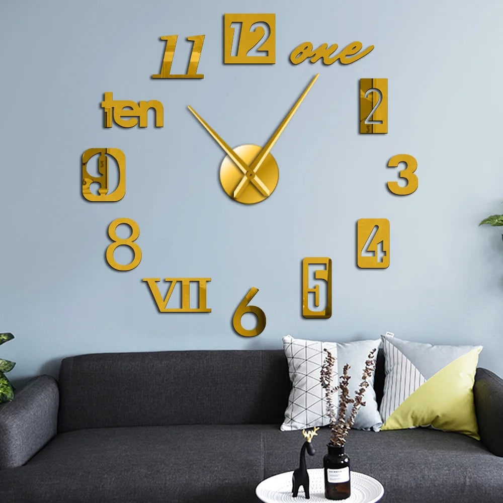 Horloge murale à chiffres adhésifs 3D et aiguilles métalliques