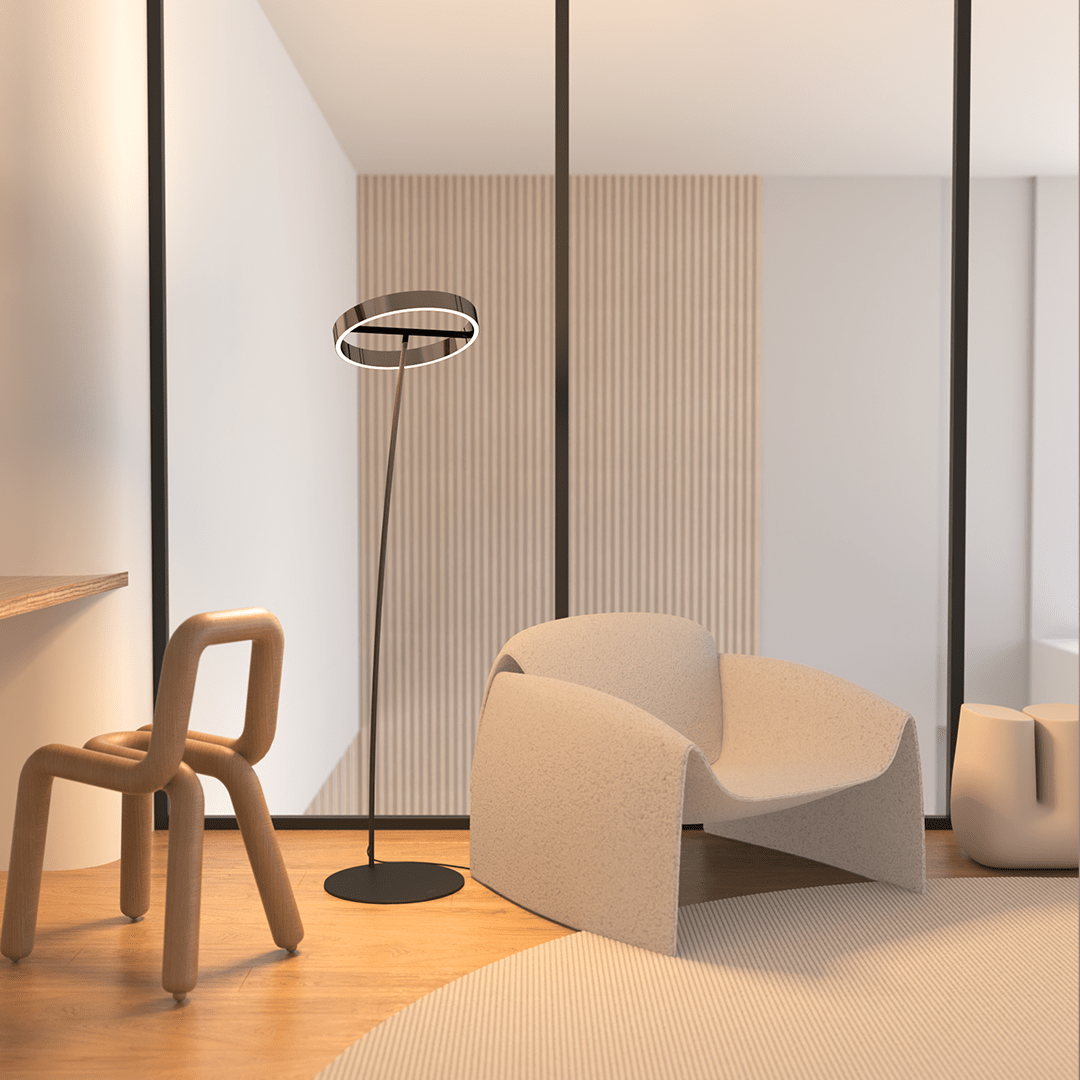 Lampadaire LED à tête annulaire orientable et télécommande