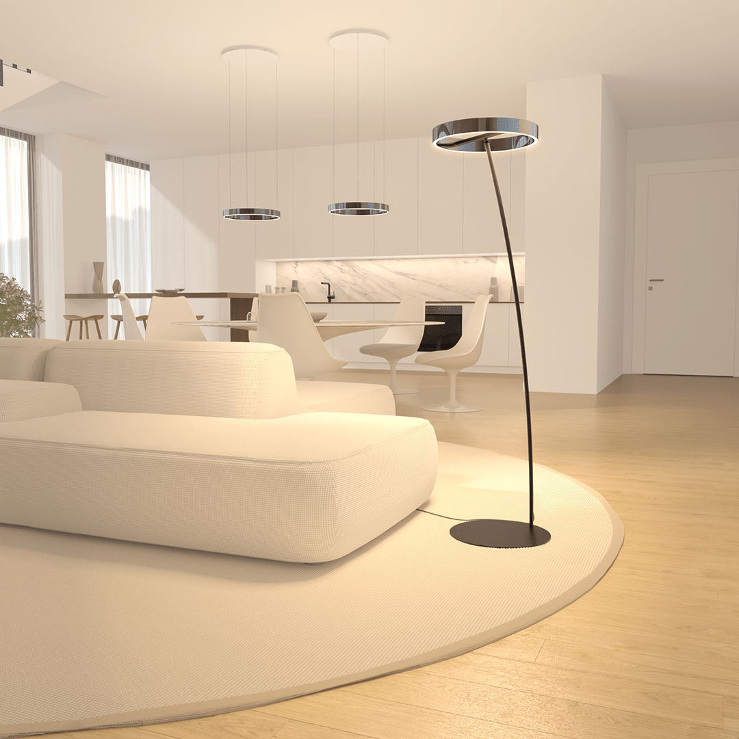 Lampadaire LED à tête annulaire orientable et télécommande