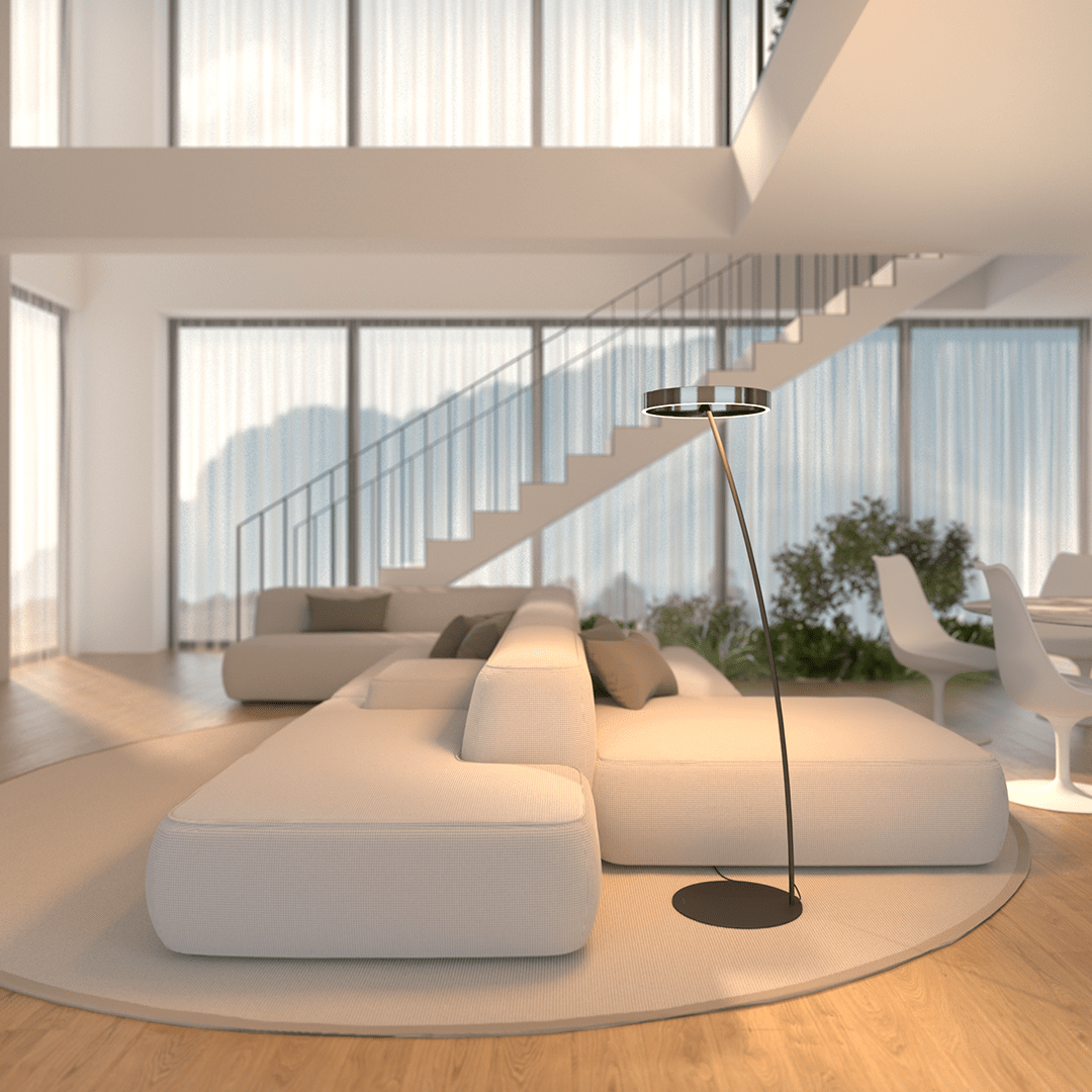Lampadaire LED à tête annulaire orientable et télécommande