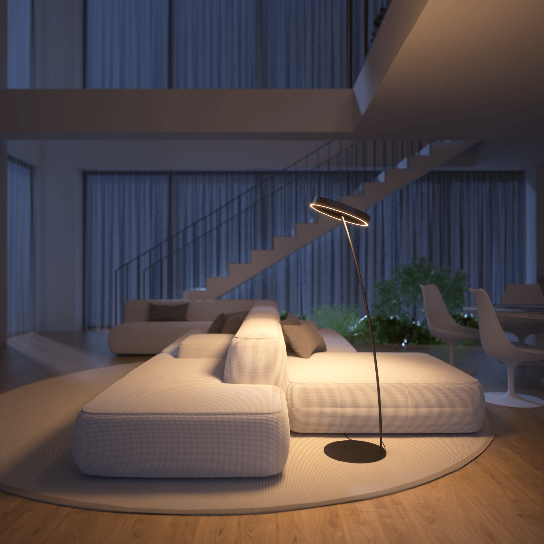 Lampadaire LED à tête annulaire orientable et télécommande