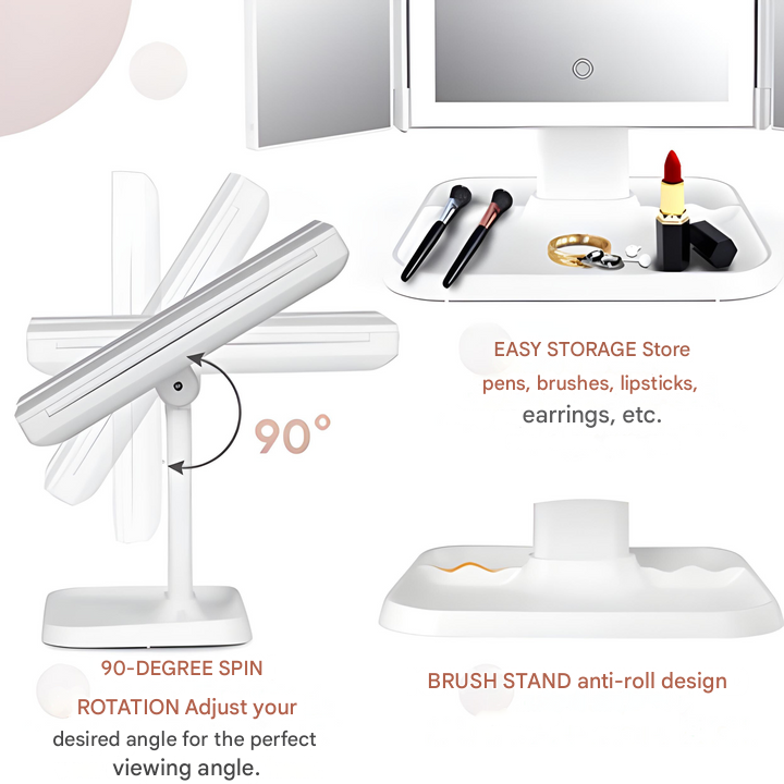 Miroir de maquillage pliable à LED, grossissements ×2 et ×3