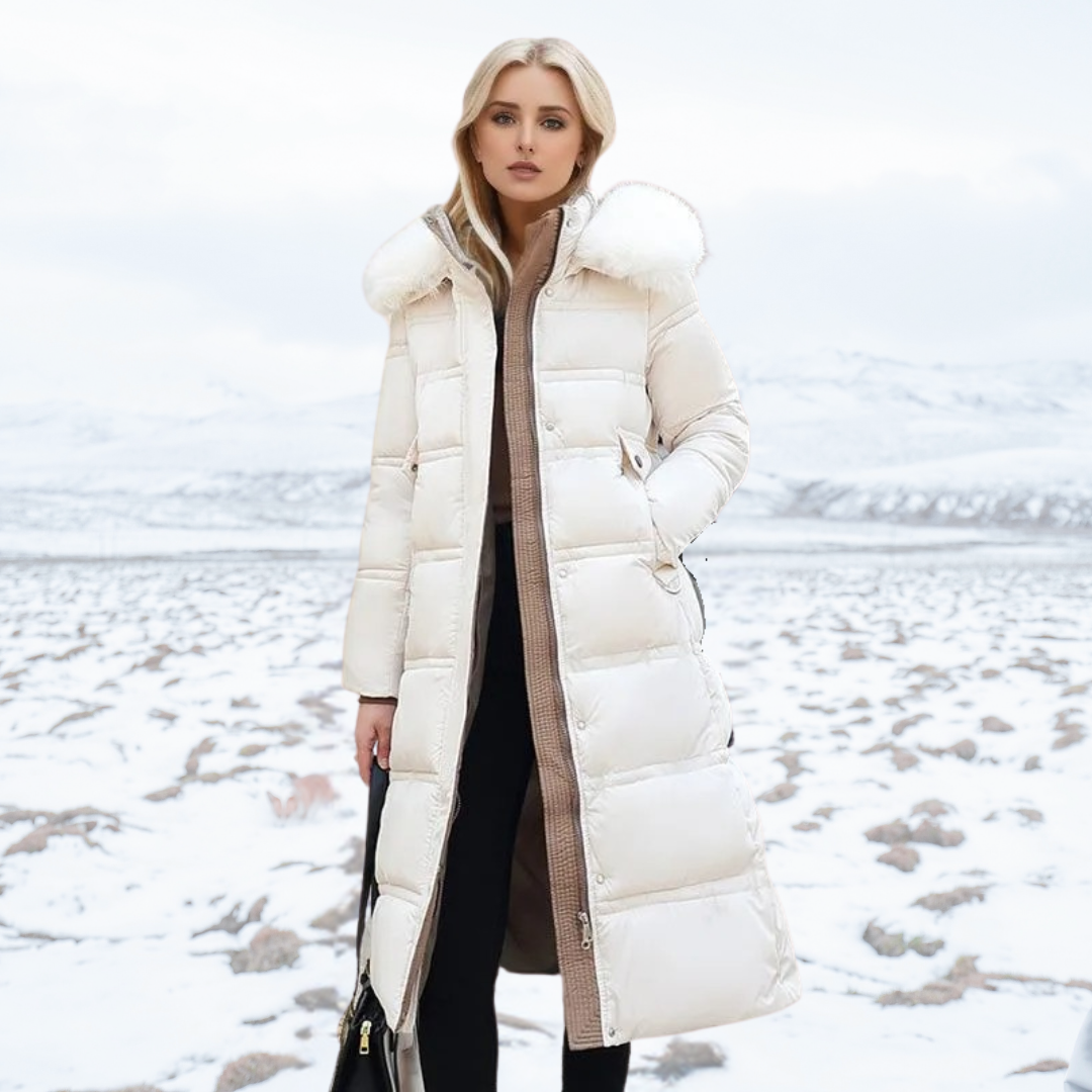 Manteau long matelassé à capuche en fausse fourrure et ceinture