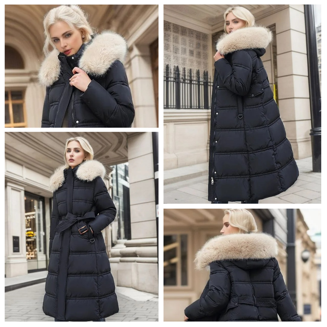Manteau long matelassé à capuche en fausse fourrure et ceinture