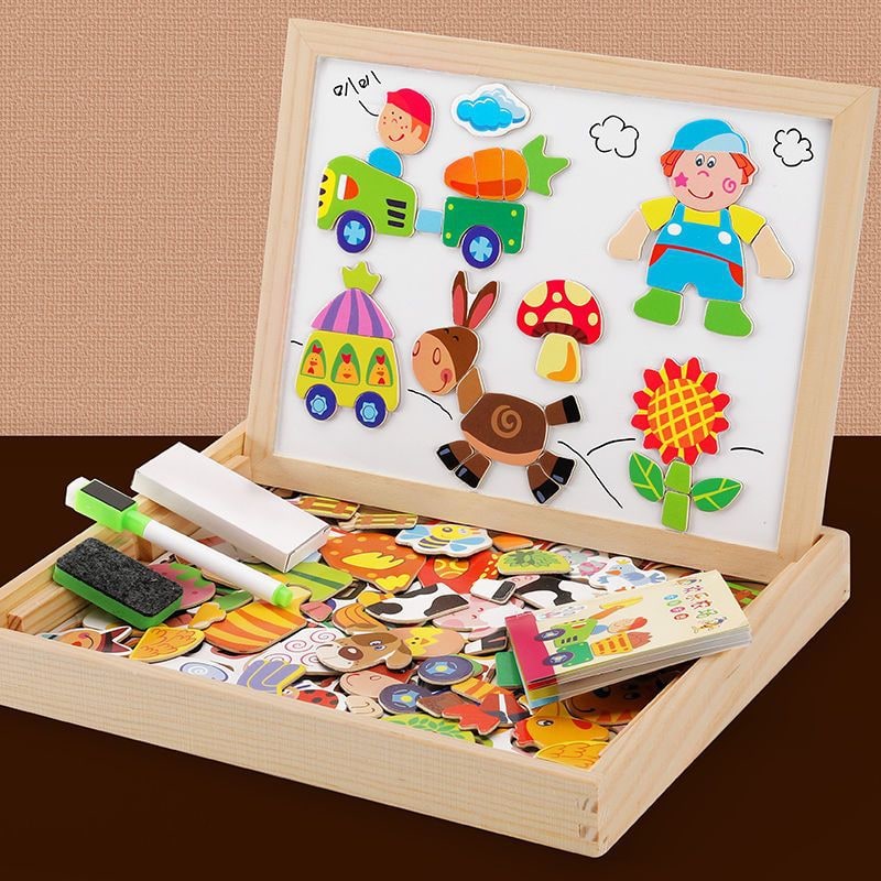 Tableau magnétique et ardoise double face en coffret bois
