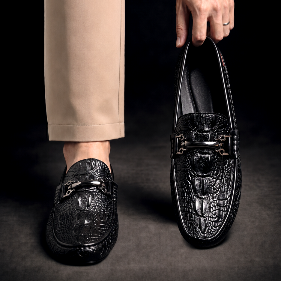 Mocassins homme en similicuir effet crocodile avec mors métallique