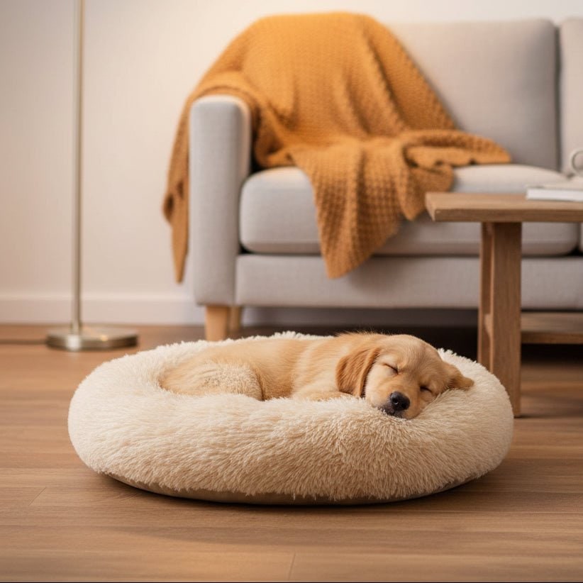 Panier rond pour chien en fausse fourrure à rebord surélevé