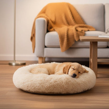 Panier rond pour chien en fausse fourrure à rebord surélevé