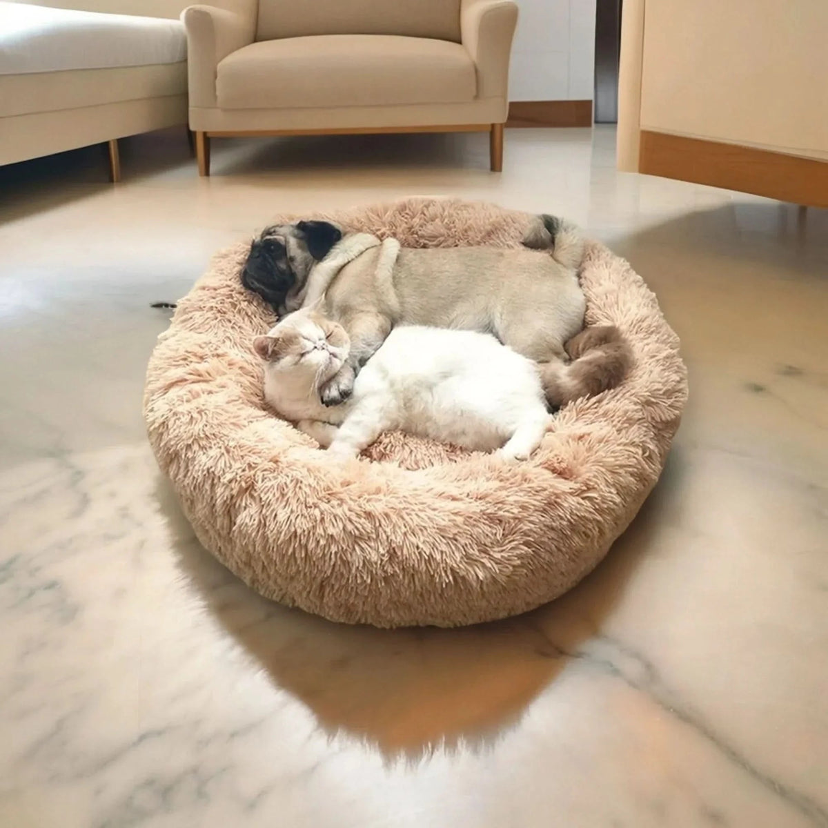 Panier rond pour chien en fausse fourrure à rebord surélevé