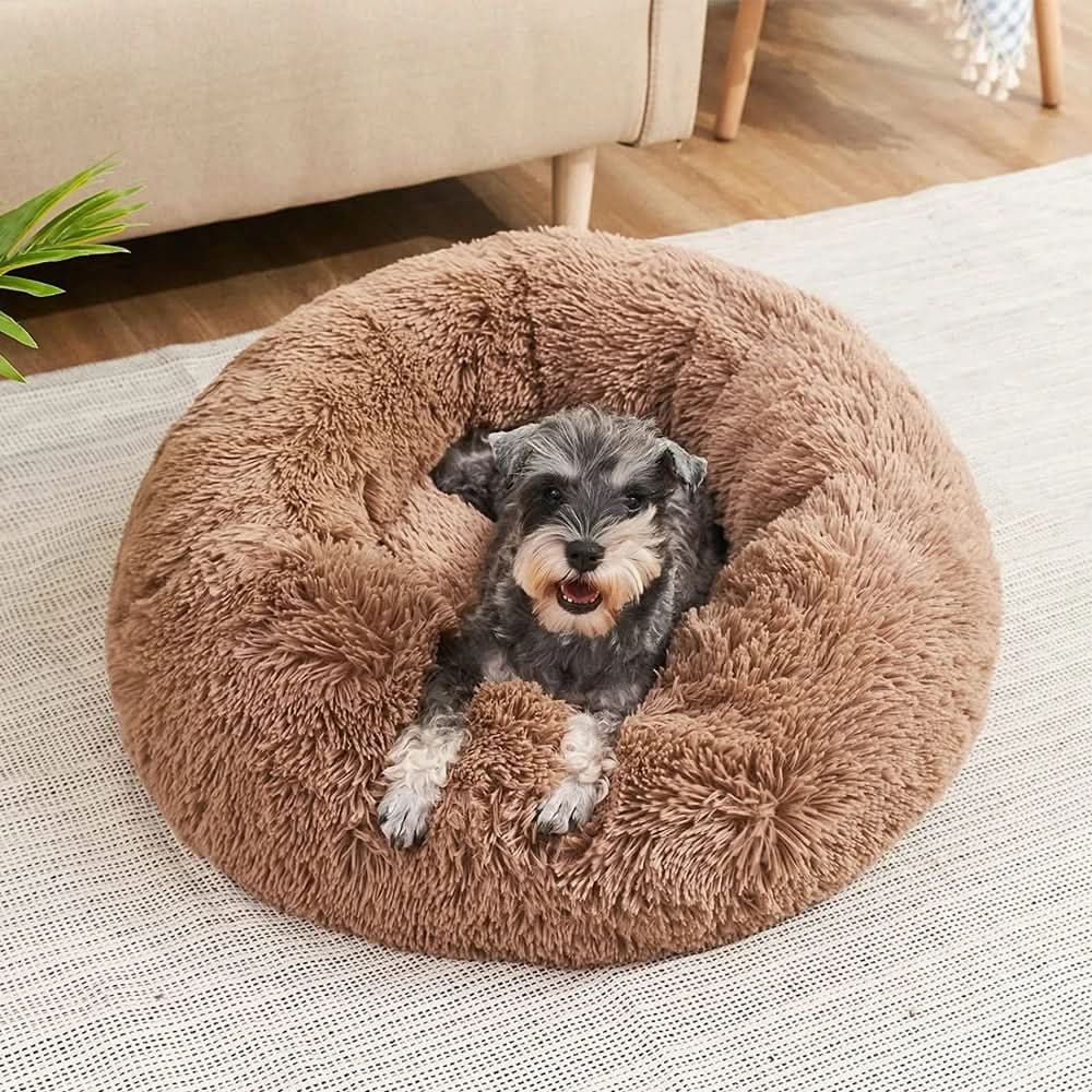 Panier rond pour chien en fausse fourrure à rebord surélevé