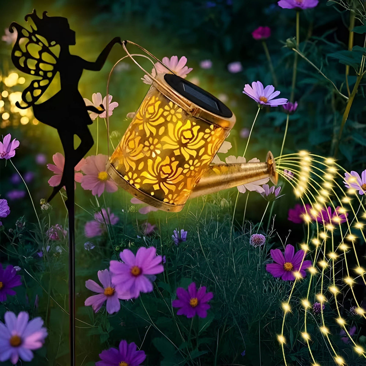 Lampe solaire de jardin en forme d'arrosoir à guirlande lumineuse