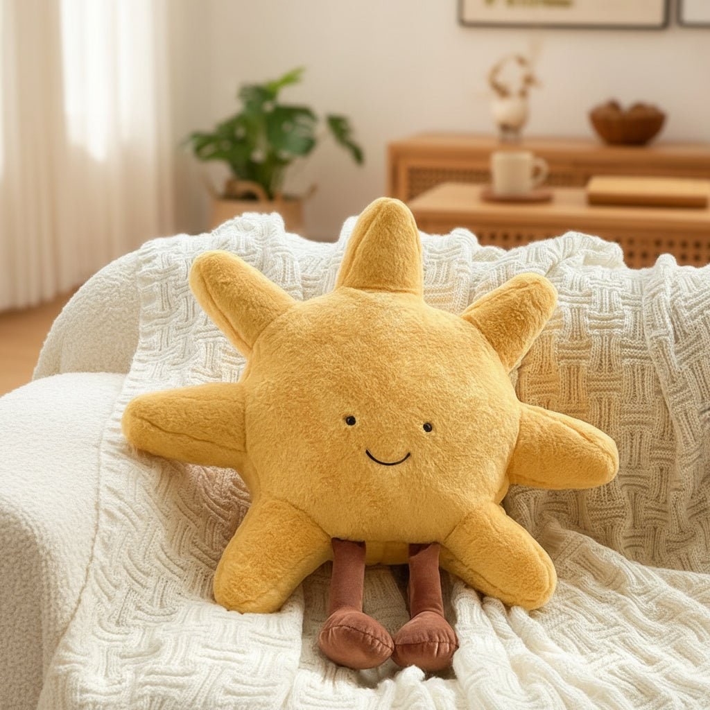 Coussin décoratif en peluche soleil ou lune à visage brodé