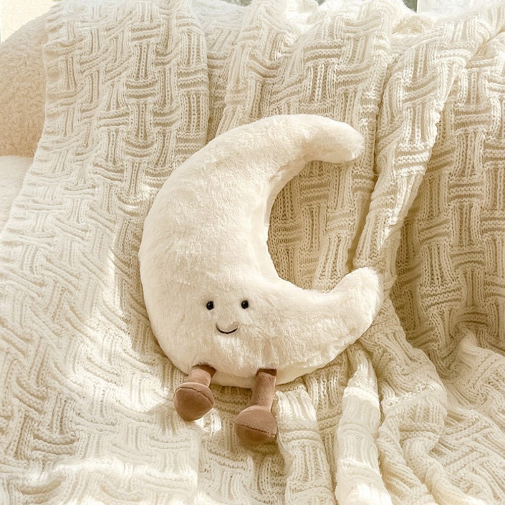 Coussin décoratif en peluche soleil ou lune à visage brodé