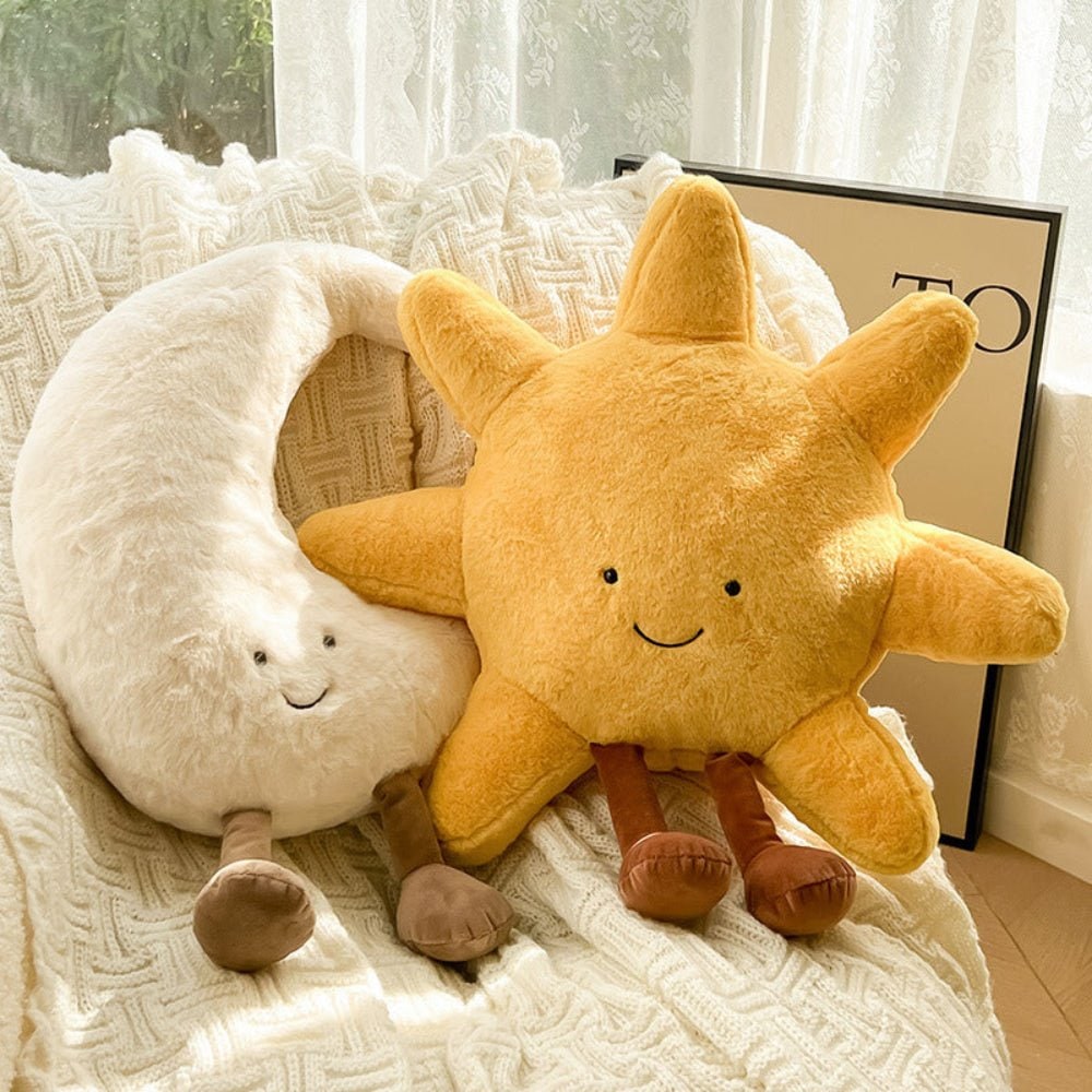 Coussin décoratif en peluche soleil ou lune à visage brodé