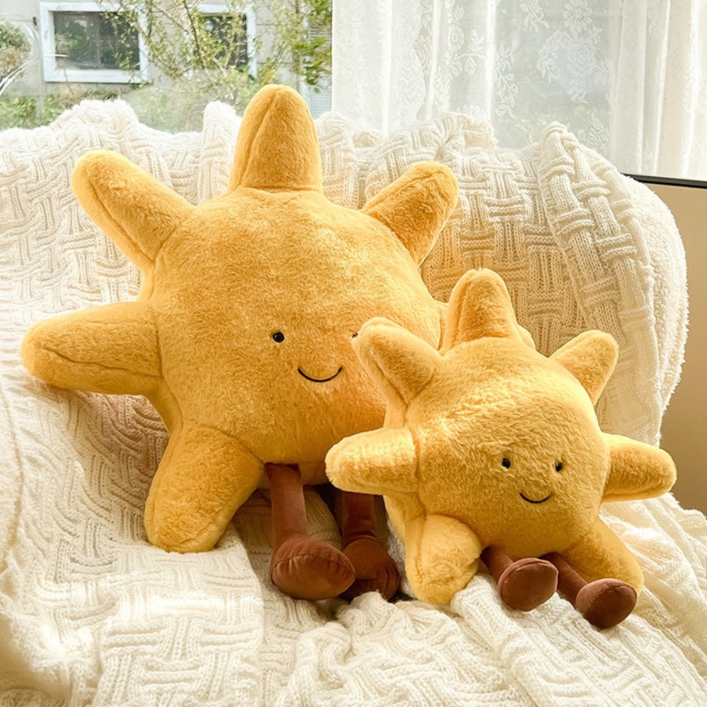 Coussin décoratif en peluche soleil ou lune à visage brodé