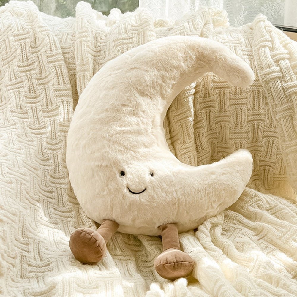 Coussin décoratif en peluche soleil ou lune à visage brodé