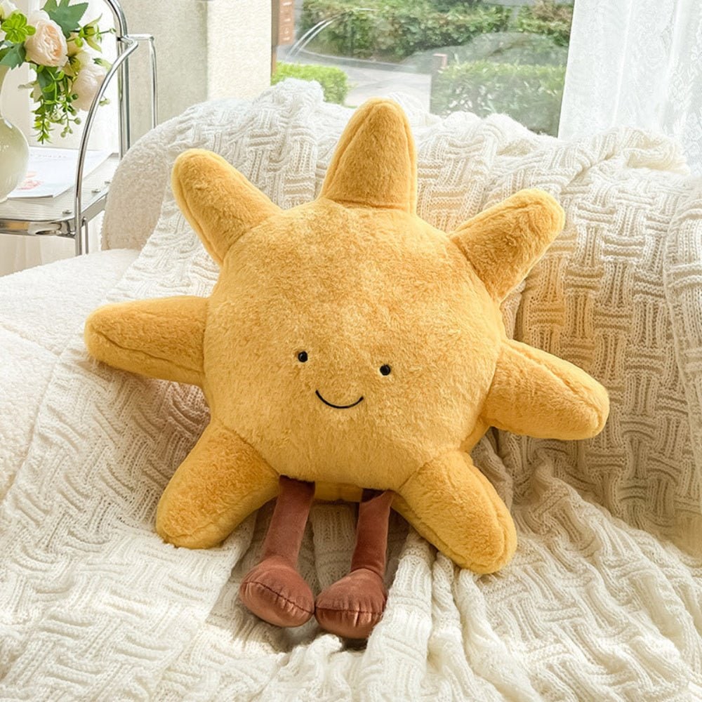 Coussin décoratif en peluche soleil ou lune à visage brodé
